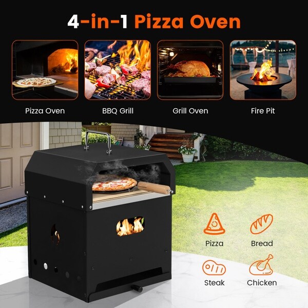 4-in-1 Outdoor Portable Pizza Oven with 12 Inch Pizza Stone - Black - 14