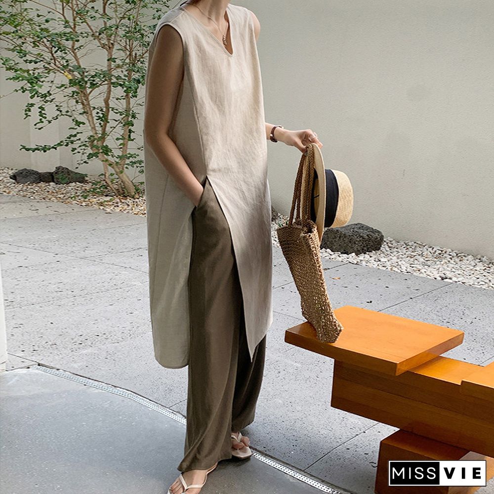 Simple Sleeveless Linen Long Shirt