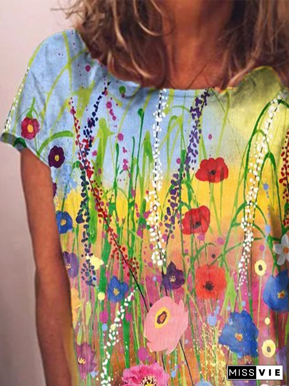 Flower Printed Short Sleeve Shift Casual T-shirt