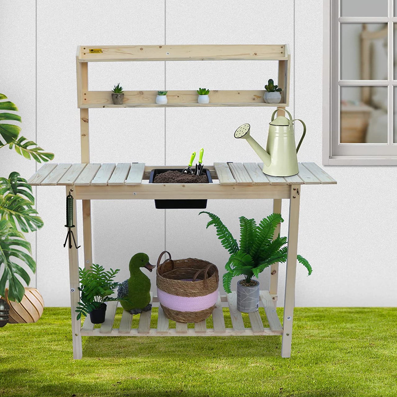 EURO SAKURA Garden Wooden Potting Bench Work Station With Two-Tier Open Shelf Beige, Wood