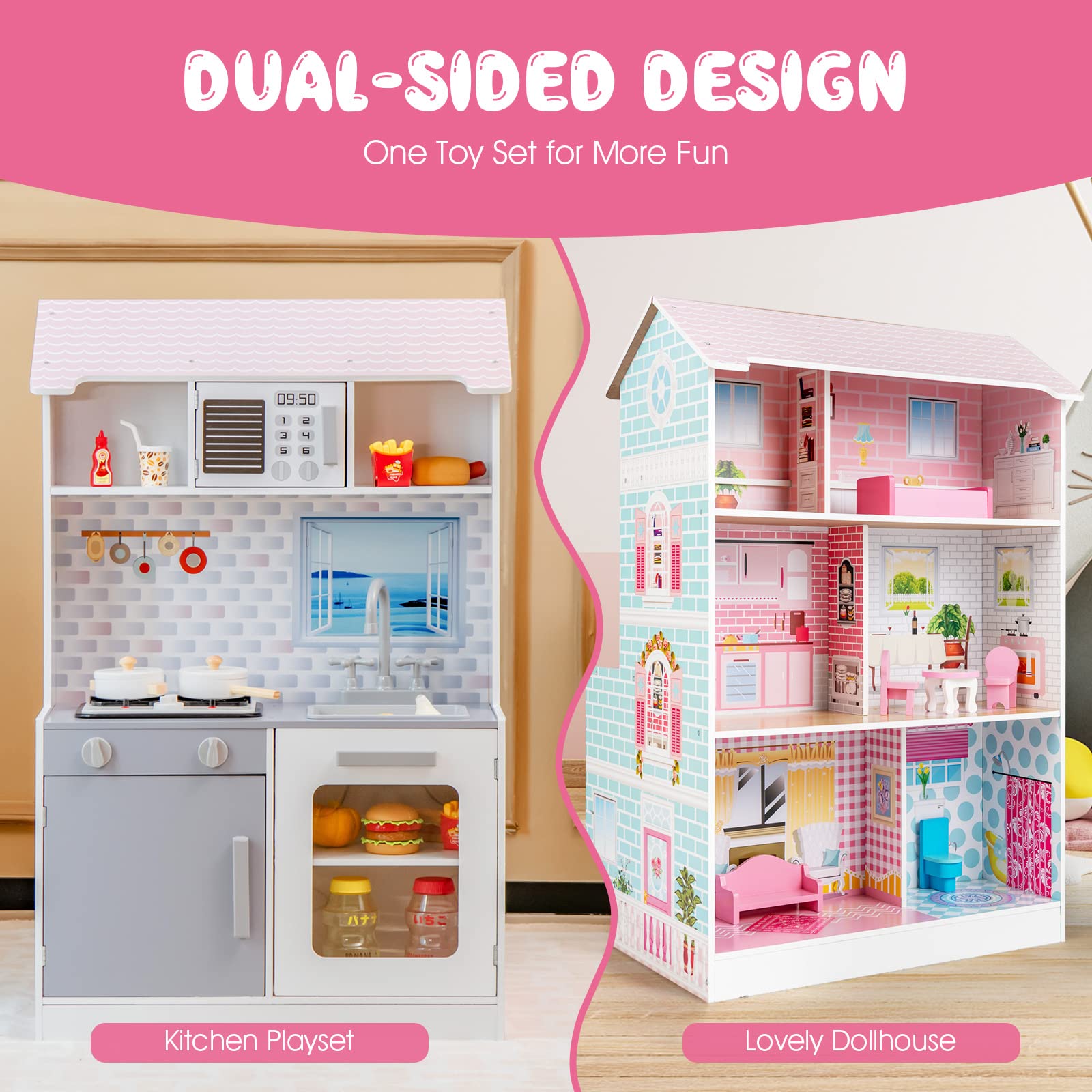 Costzon 2 in 1 Kids Kitchen Playset and Dollhouse, Wooden Double-Sided Pretend Chef Play Set