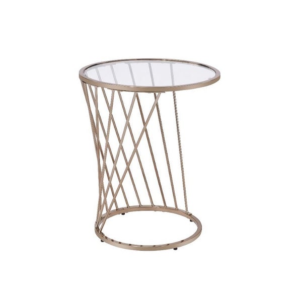 Round Glass Top End Table with Metal Base in Champagne Finish