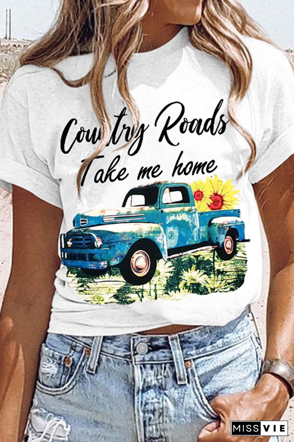 White Car Print Splicing Short Sleeve T-shirt