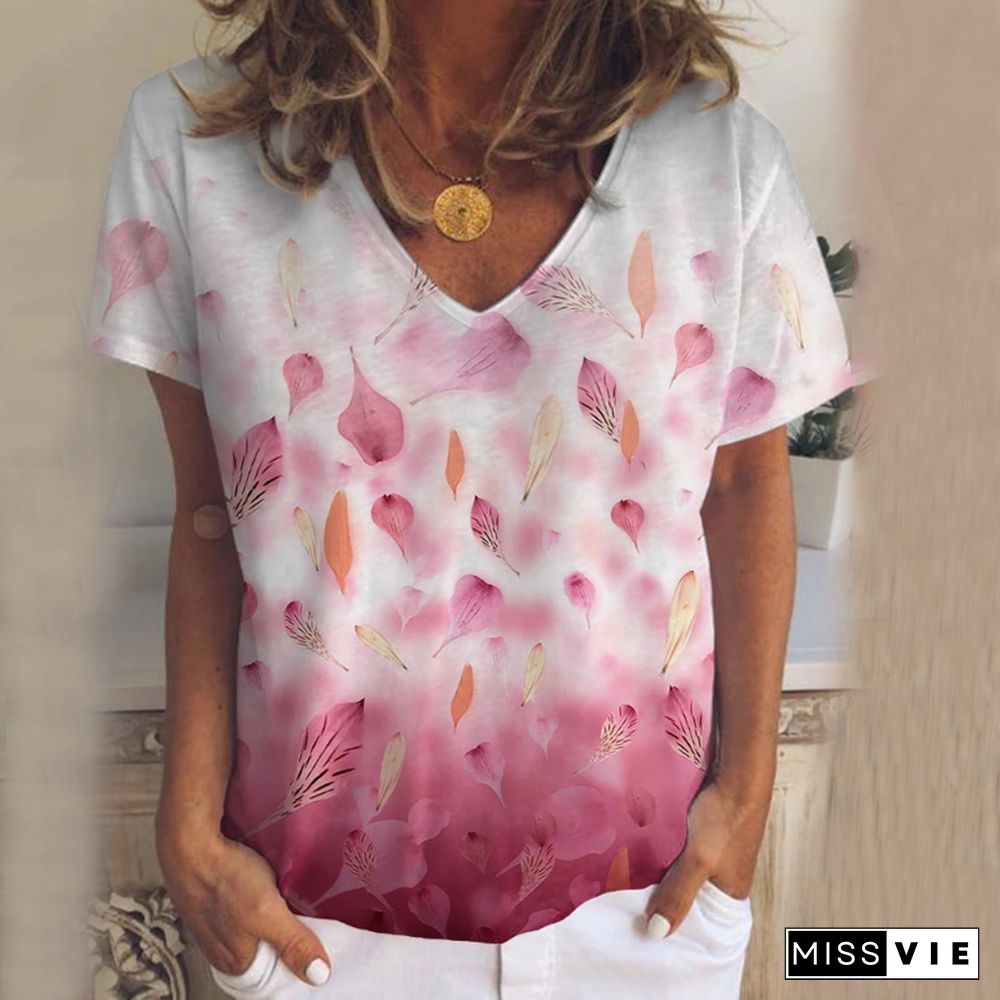 Leaves Print Gradient V-Neck T-Shirt