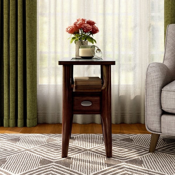 Qui Transitional Walnut Glasstop Side Table by Furniture of America