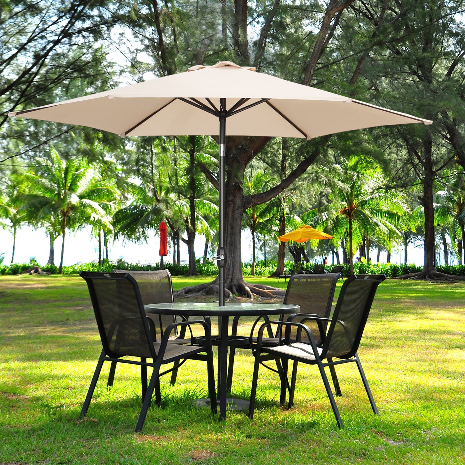 Ainfox 9ft Patio Umbrella Outdoor Portable Table Market Umbrella with Push Button Tilt/Crank Waterproof UV-proof, Khaki