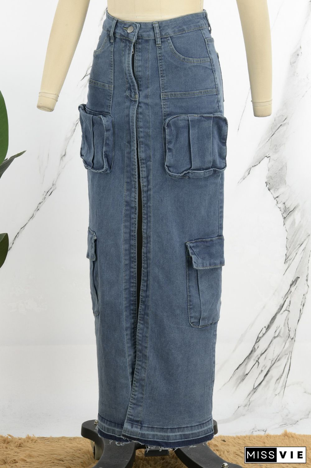 Deep Blue Casual Solid Patchwork Slit High Waist Regular Denim Skirts