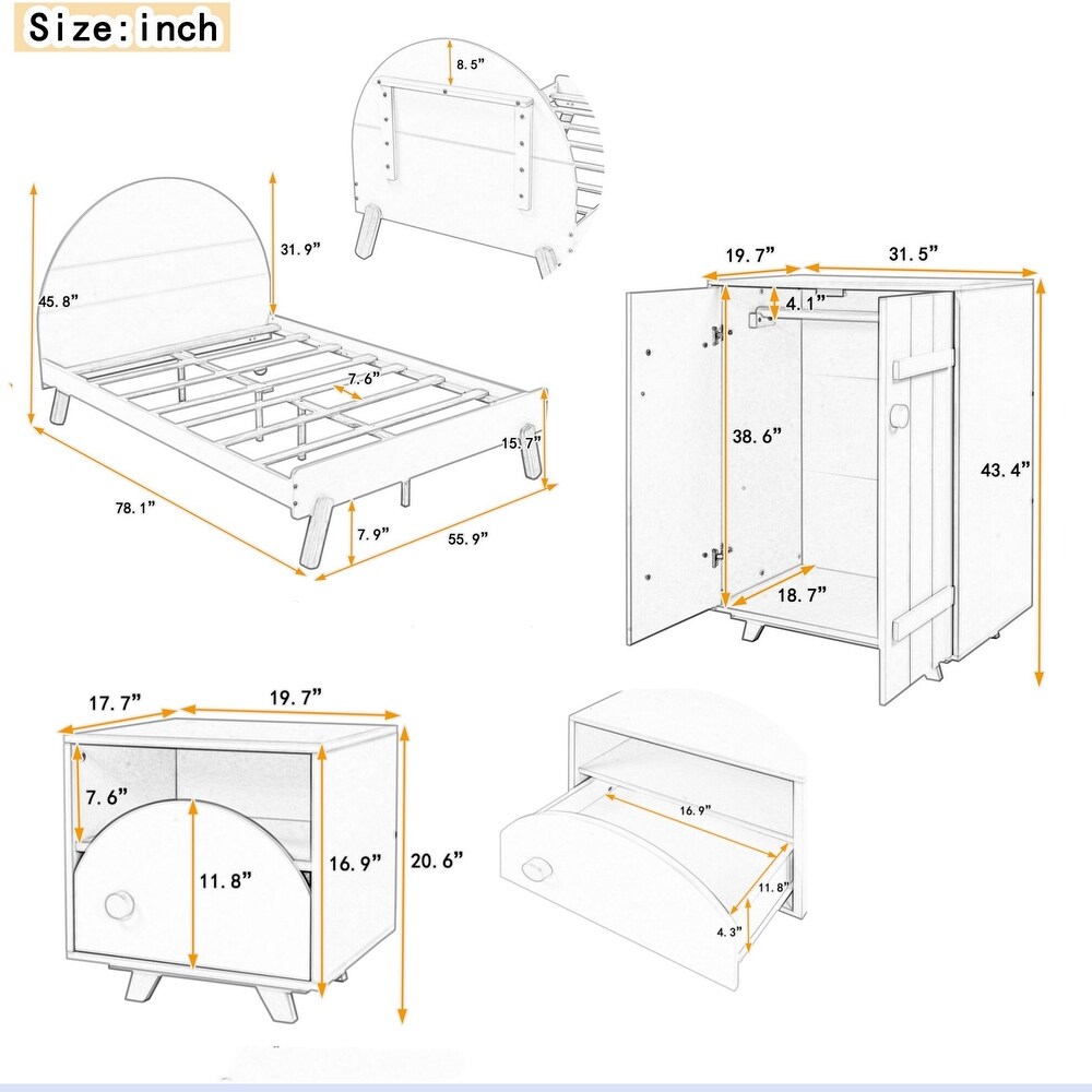 3 Pieces Bedroom Sets Twin/Full Size Platform Bed with Nightstand and Wardrobe