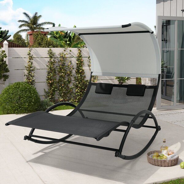 Outdoor Double Chaise Lounge Chair Rocking Lounger with Sunshade Canopy