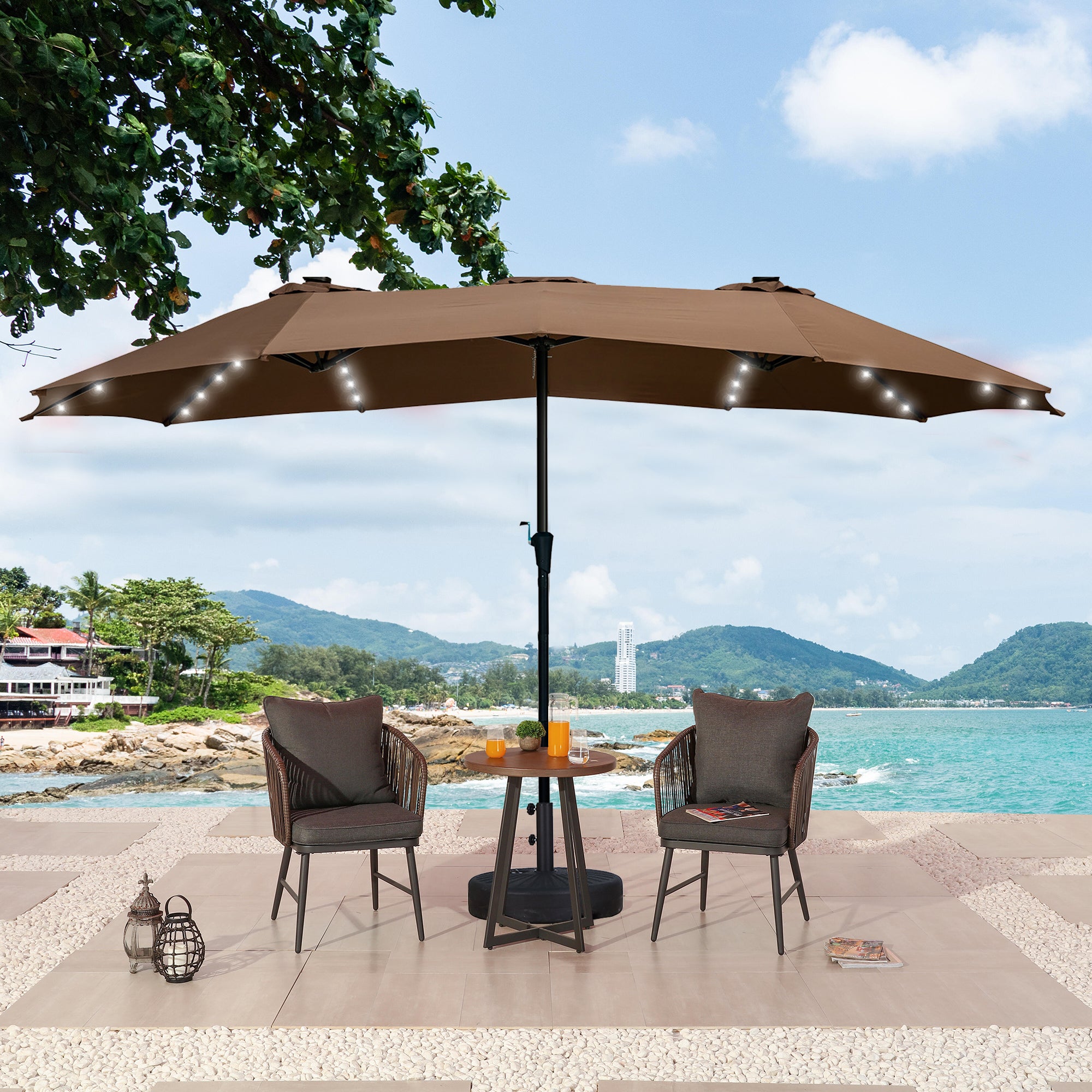 Autlaycil Table Umbrella 15FT Double-Sided Patio Umbrella W/ Solar Lights, Outdoor Market Umbrella W/ Crank-Brown