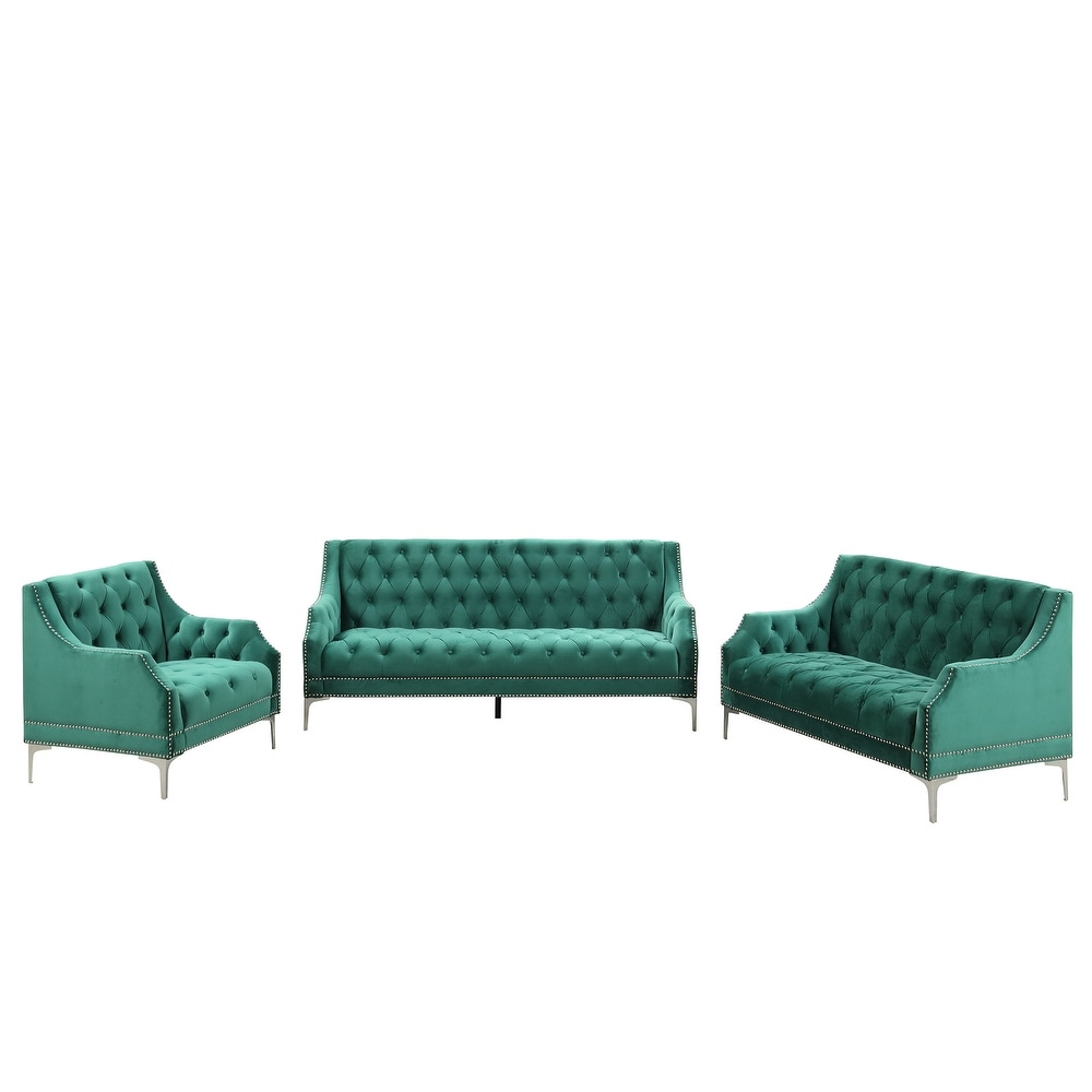 Button Tufted Deep Seat Sofa Set  Green Frosted Velvet Sofa w/ Rivets   1+2+3 Seater