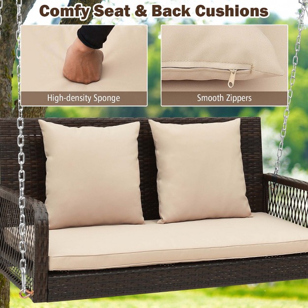 Costway Patio Wicker Porch Swing 2 person Hanging Loveseat Bench Chair With Cushions Beige black