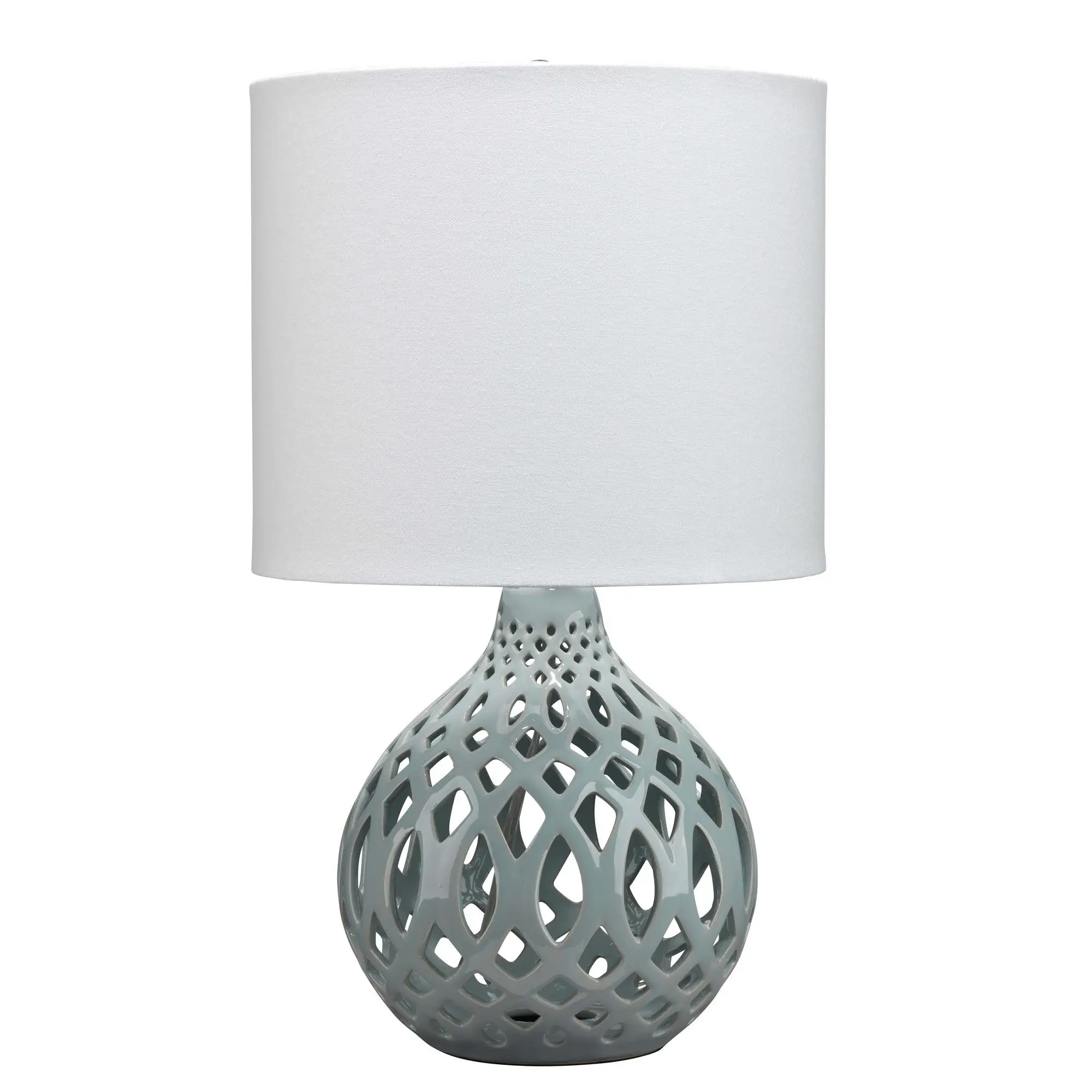 Table Lamp with Ceramic Bellied Body and Fretwork Pattern， Gray