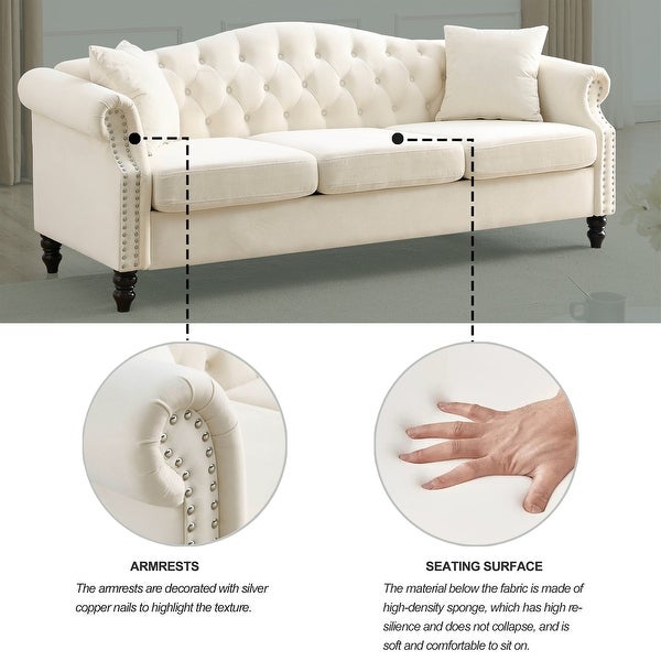 3 Seater Sofa Tufted Couch with Rolled Arms and Nailhead(Two Pillows)