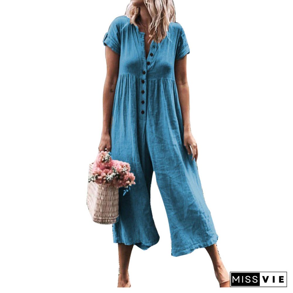 Women V Neck Short Sleeve Button Down Wide Leg Jumpsuits Rompers