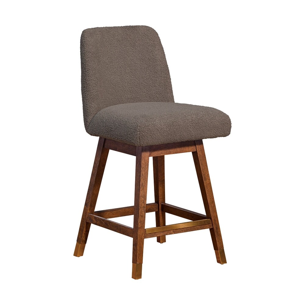 Lara 26 Inch Swivel Counter Stool Chair  Taupe Boucle  Brown Wood Legs