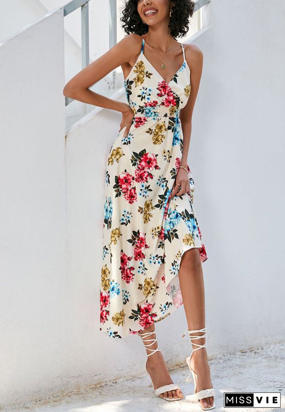 Tropical Leaf Print Surplice Neck Dress