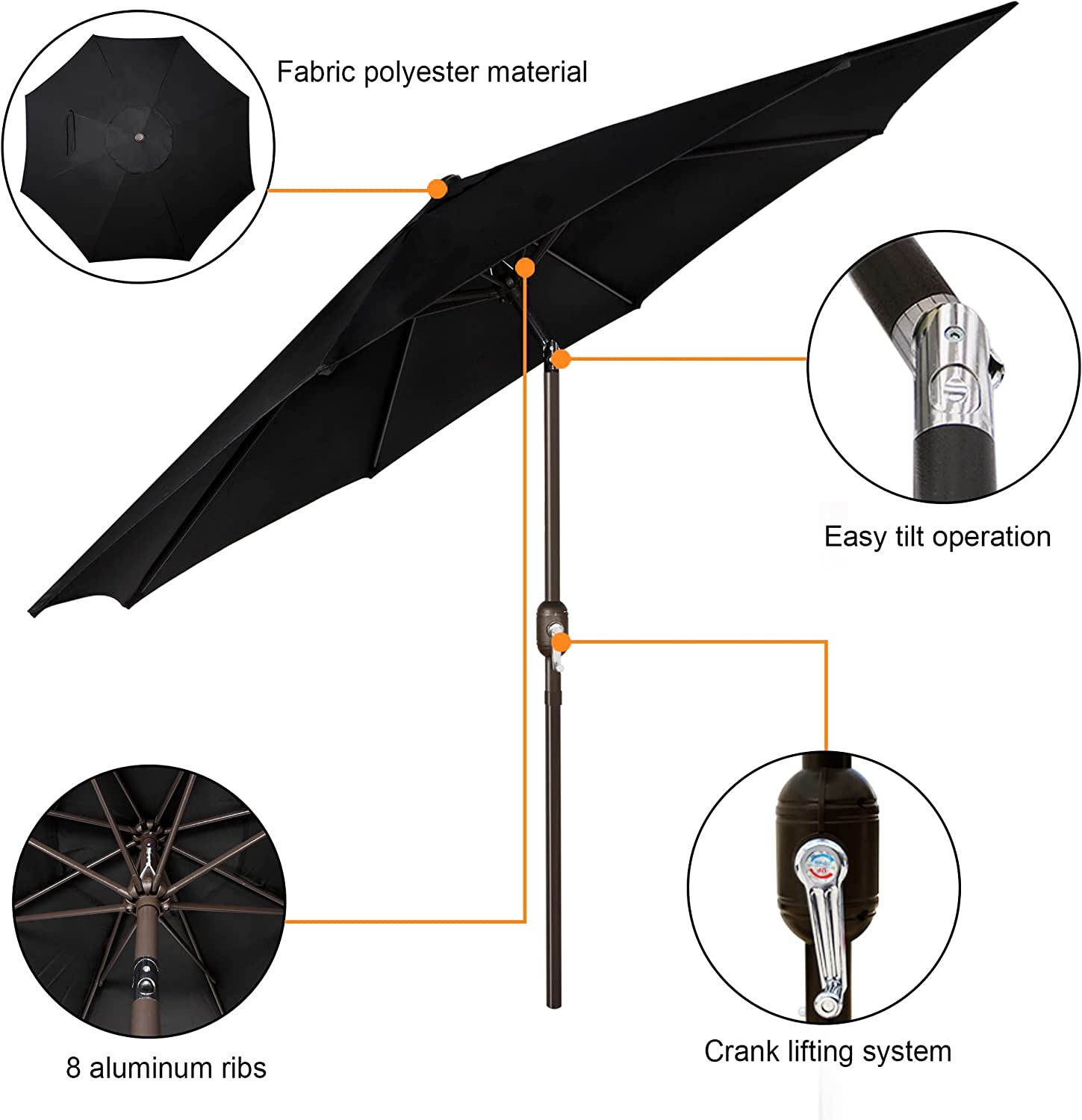 9' Outdoor Market Patio Umbrella with Push Button Tilt and Crank, 8 Ribs (Tan)