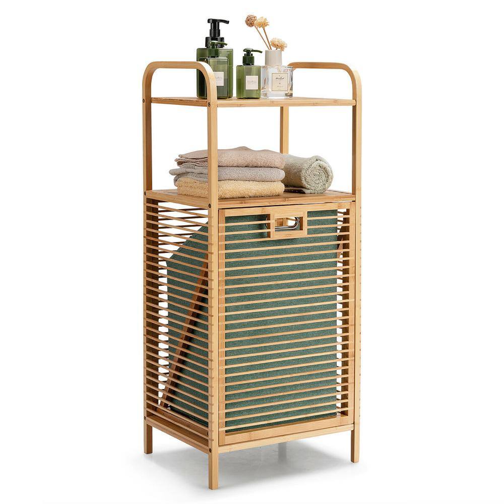 Costway Natural Bamboo Laundry Hamper Tilt Out Bin Shelf Storage HW56582