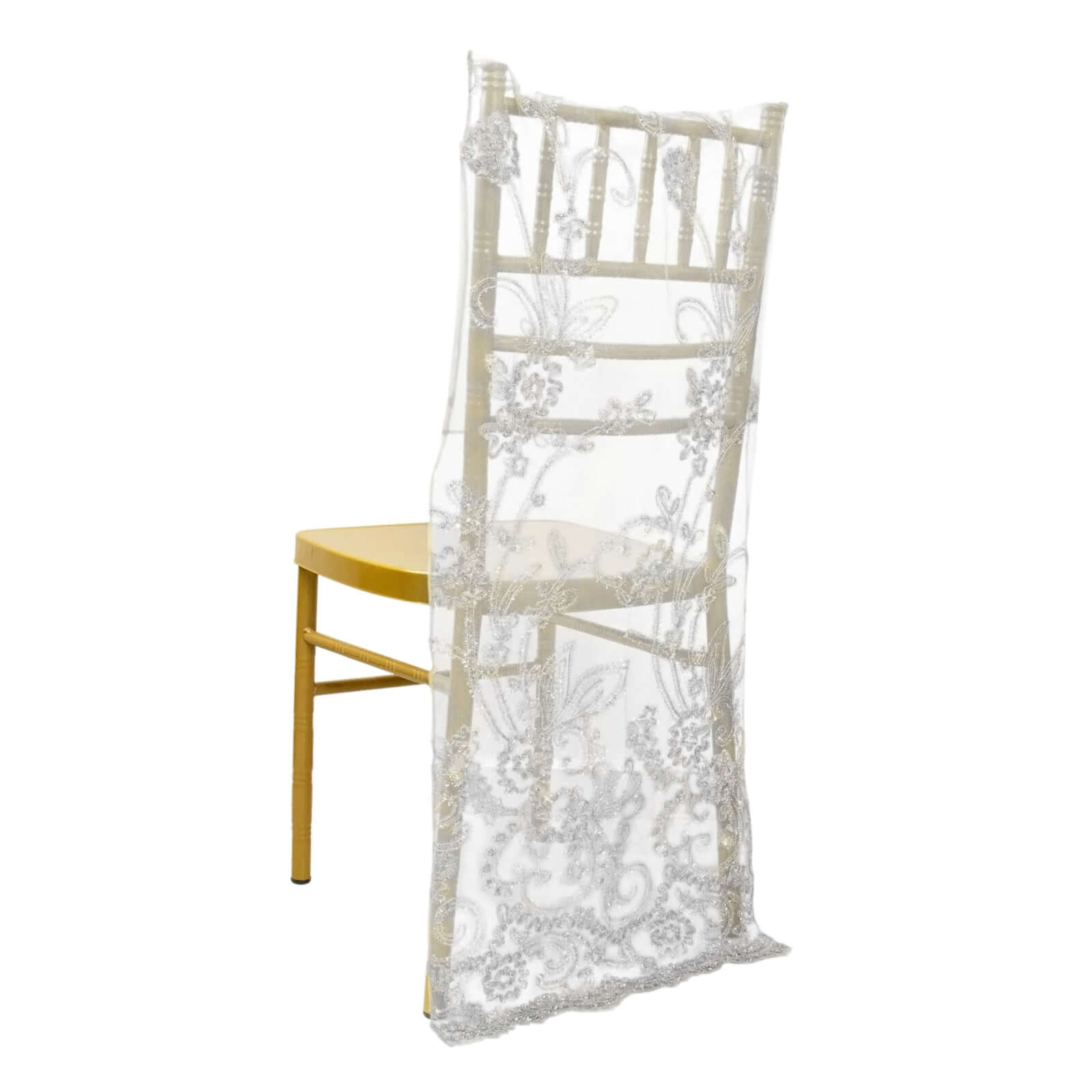 White Organza Floral Sequin Embroidered Wedding Chiavari Slipcover, Wedding Chair Back Lace Cover