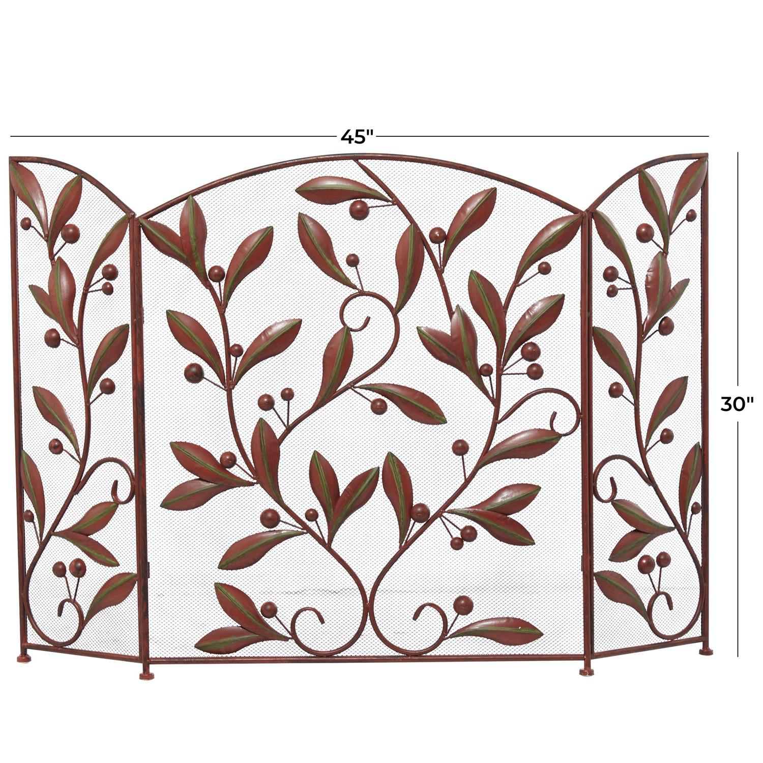 DecMode 45 x 30 Red Metal Foldable Mesh Netting 3 Panel Fireplace Screen with Leaf and Vine Relief， 1-Piece