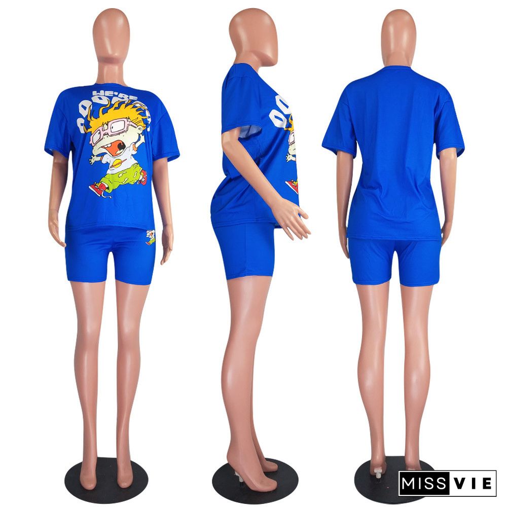 Summer Cartoon Print Short Sleeve T-shirt Shorts 2 Piece Outfits