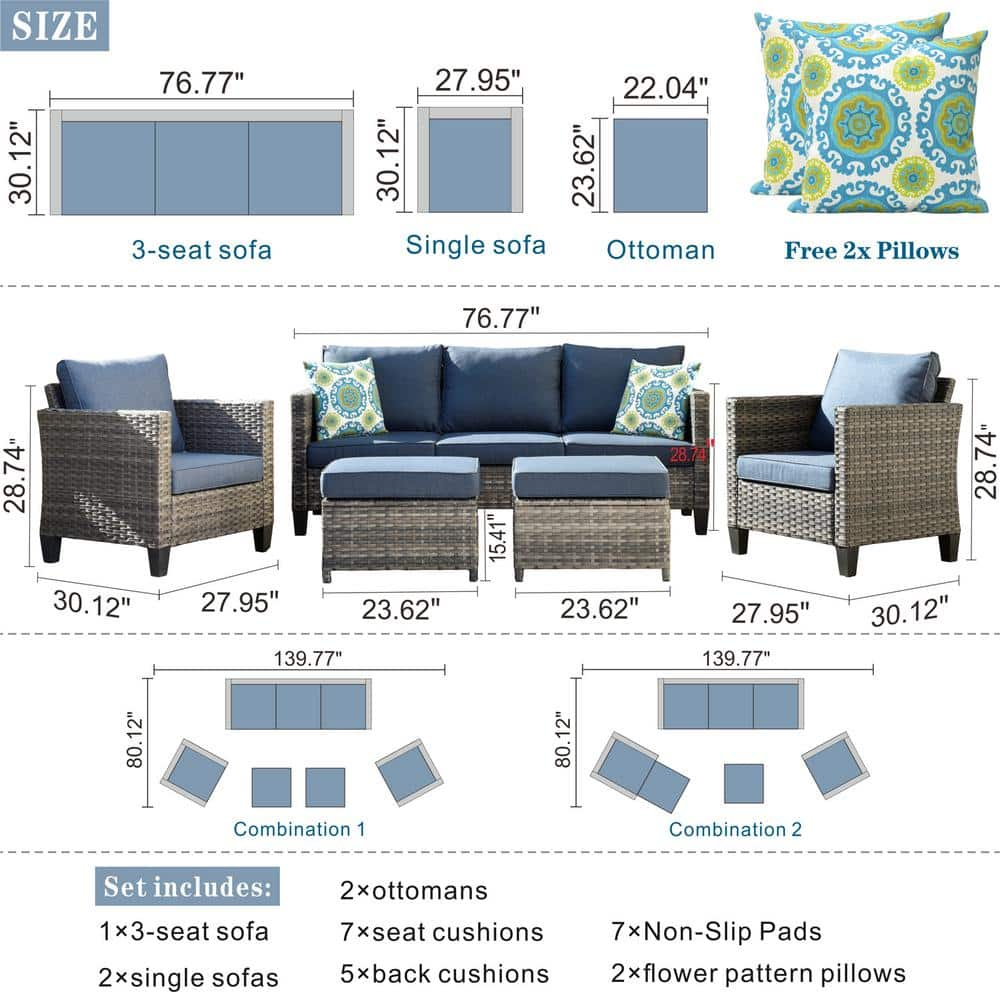 XIZZI Megon Holly Gray 5-Piece Wicker Outdoor Patio Conversation Seating Sofa Set with Denim Blue Cushions GRS305HDDB