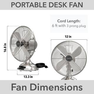 Hunter Classic 12 in. 3-speed Desk Fan in Brushed Nickel with Non-slip Base and Easy-Carry Handle 97315