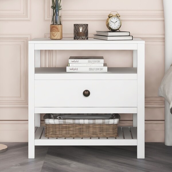 White Wood 1-drawer Storage Nightstand - - 34492213