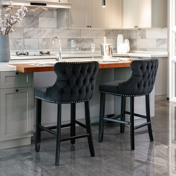 Upholstered Barstools with Button Tufted Decoration and Wooden Legs