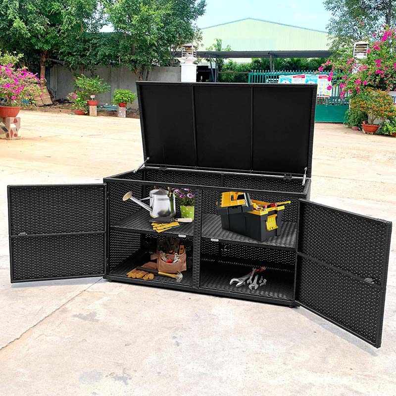 88 Gallon Patio Wicker Storage Box Rattan Deck Bench with Openable Door