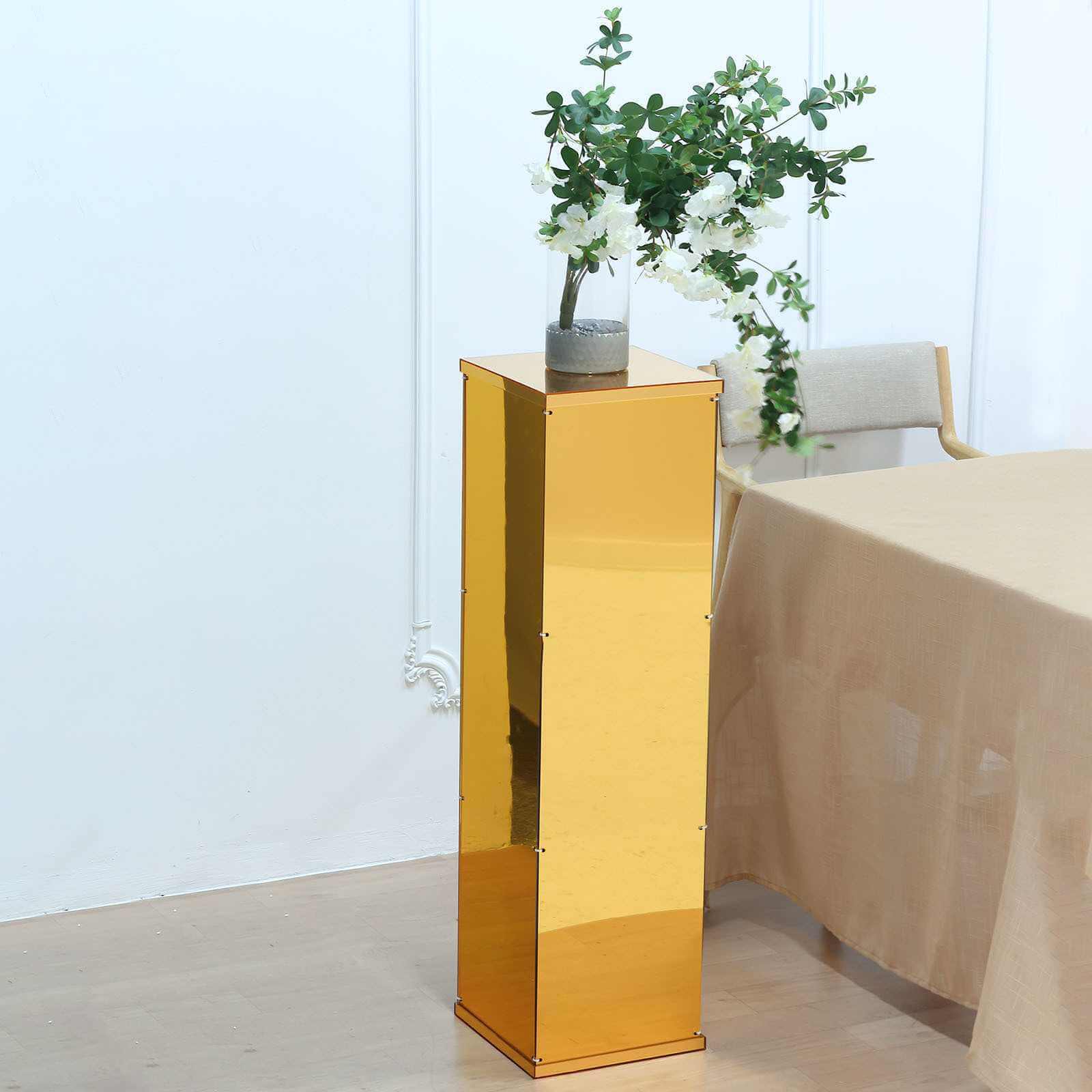 Floor Standing Gold Mirror Finish Acrylic Pedestal Riser, Display Box with Interchangeable Lid and Base 40