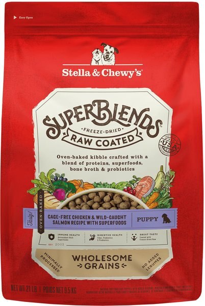 Stella and Chewy's SuperBlends Raw Coated Wholesome Grains Puppy Cage-Free Chicken and Wild-Caught Salmon Recipe with Superfoods Dry Dog Food