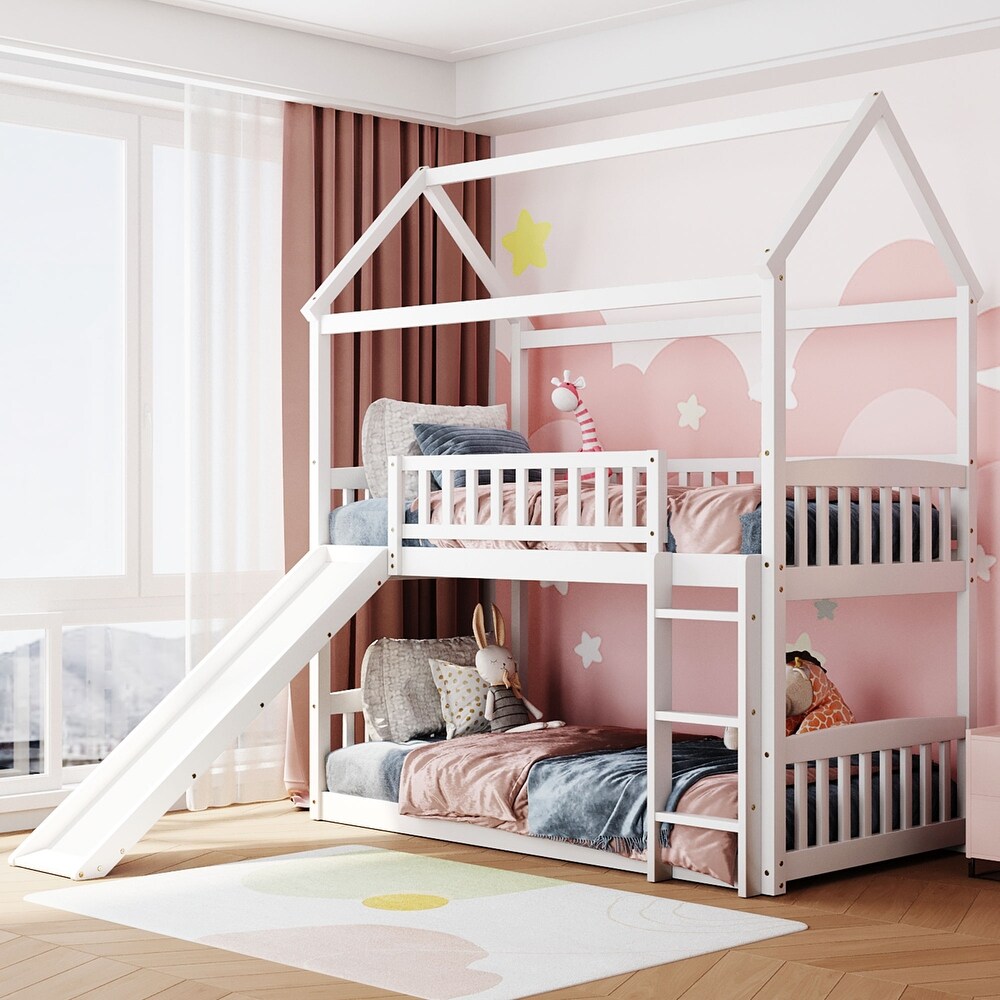 Twin Over Twin House Bunk Bed with Slide  Wood Floor Playhouse Bunk Bedframe with Roof   Ladder for Kids Teens  Girls Boys