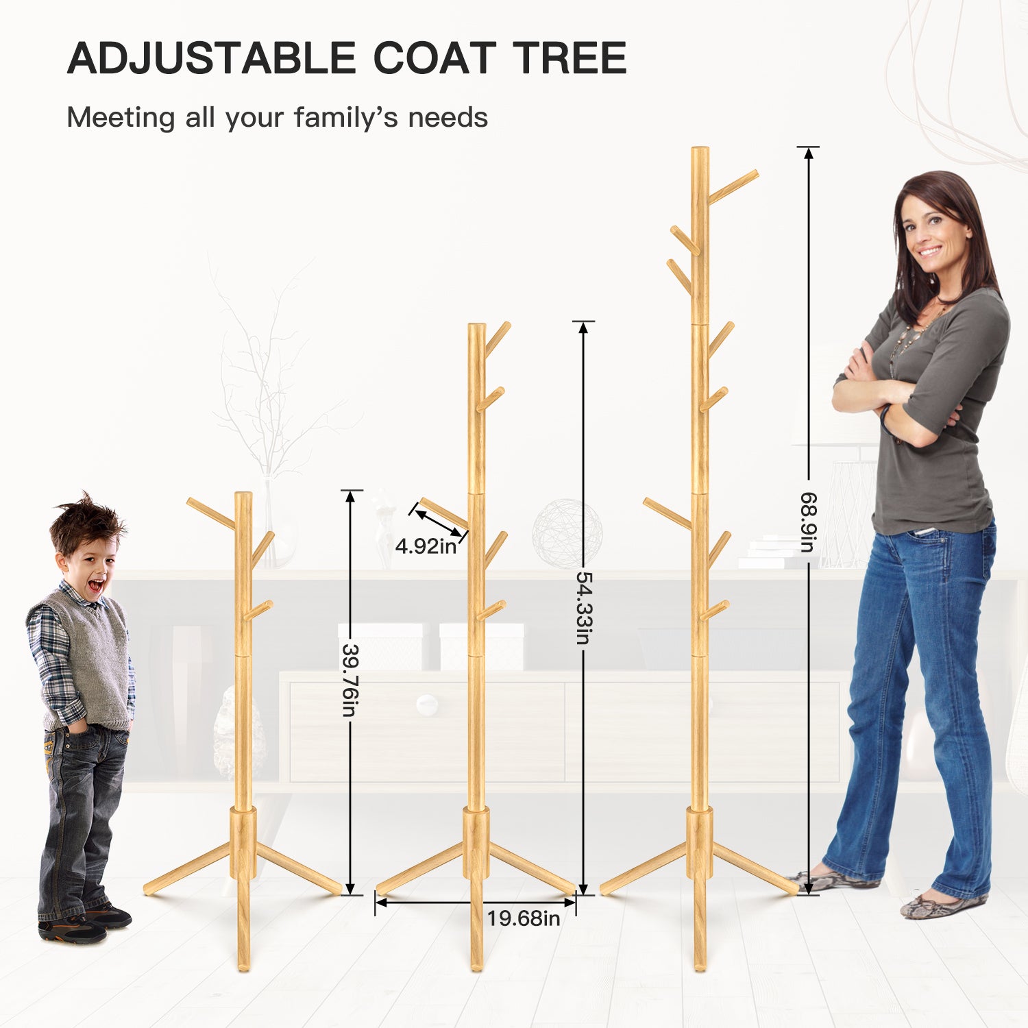 Freestanding Wooden Coat Rack Coat Stand Hall Tree with 3 Adjustable Height and 8 Hooks for Home Office Entryway Hallway