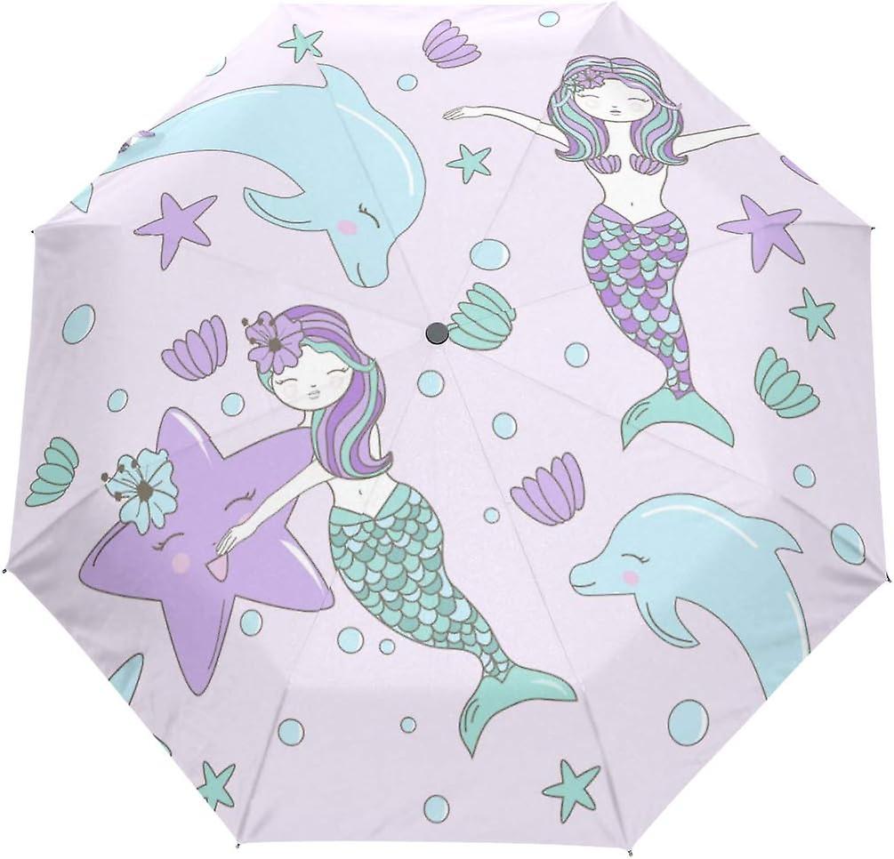 Travel Umbrella Automatic Windproof Foldable Umbrella Mermaids Sea Star Flowers