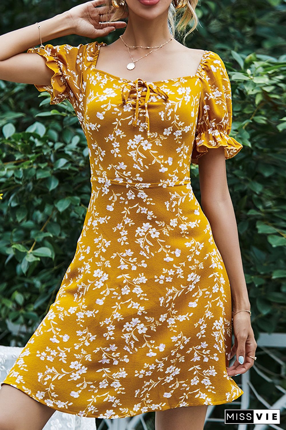 Mustard Square Neck Puffy Floral Swing Dress