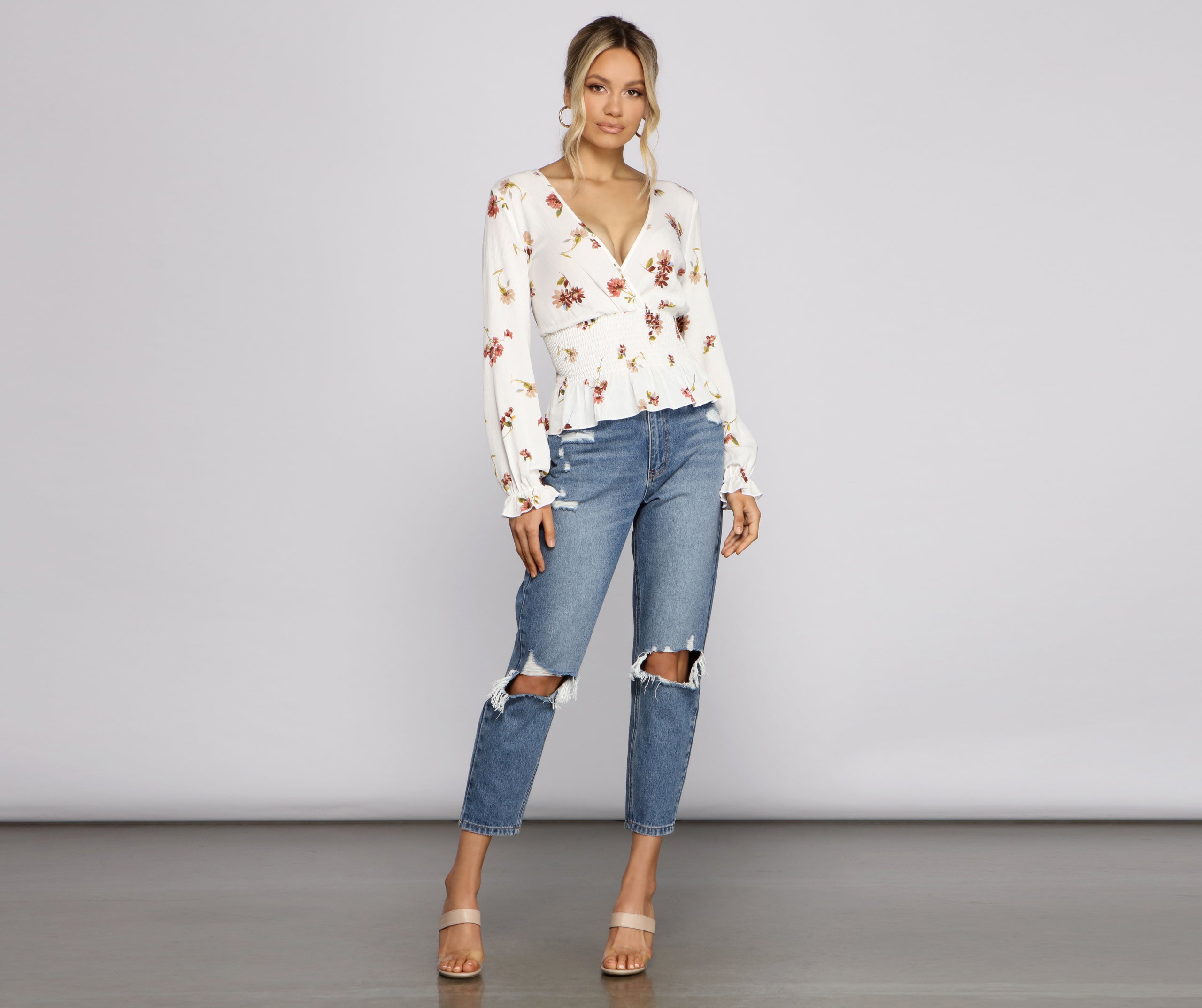 Smocked Long Sleeve Floral Surplice Gauze Top