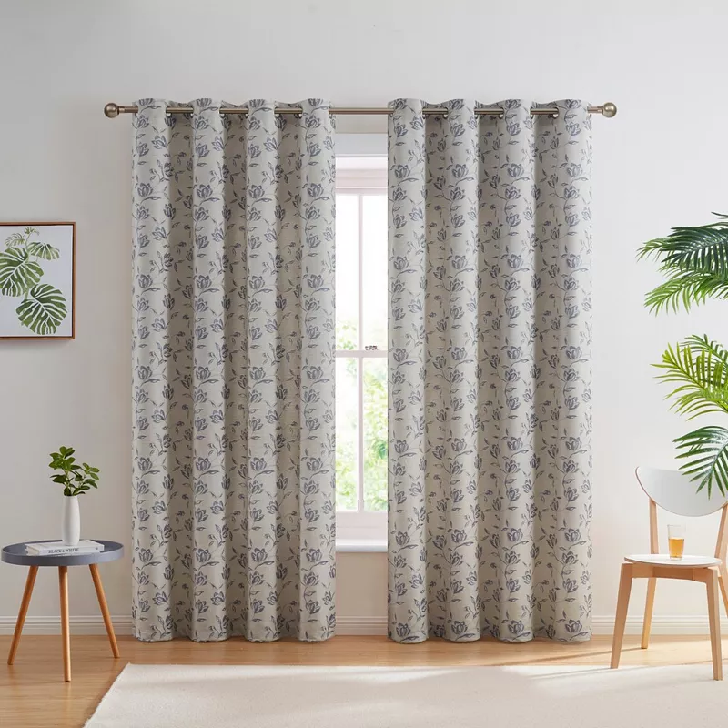 THD Zoe Burlap Flax Linen Floral Jacquard Window Grommet Long Thick Curtains Drapery Panels， Set