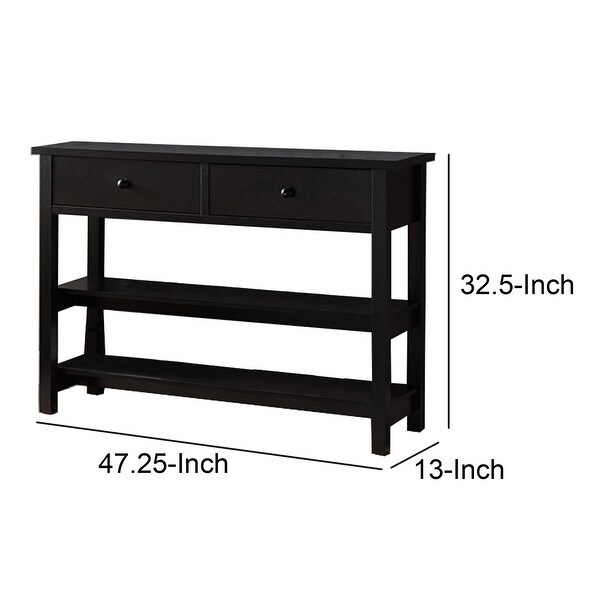 Two Drawer Console Table with Two Open Shelves and Block Legs， Dark Brown