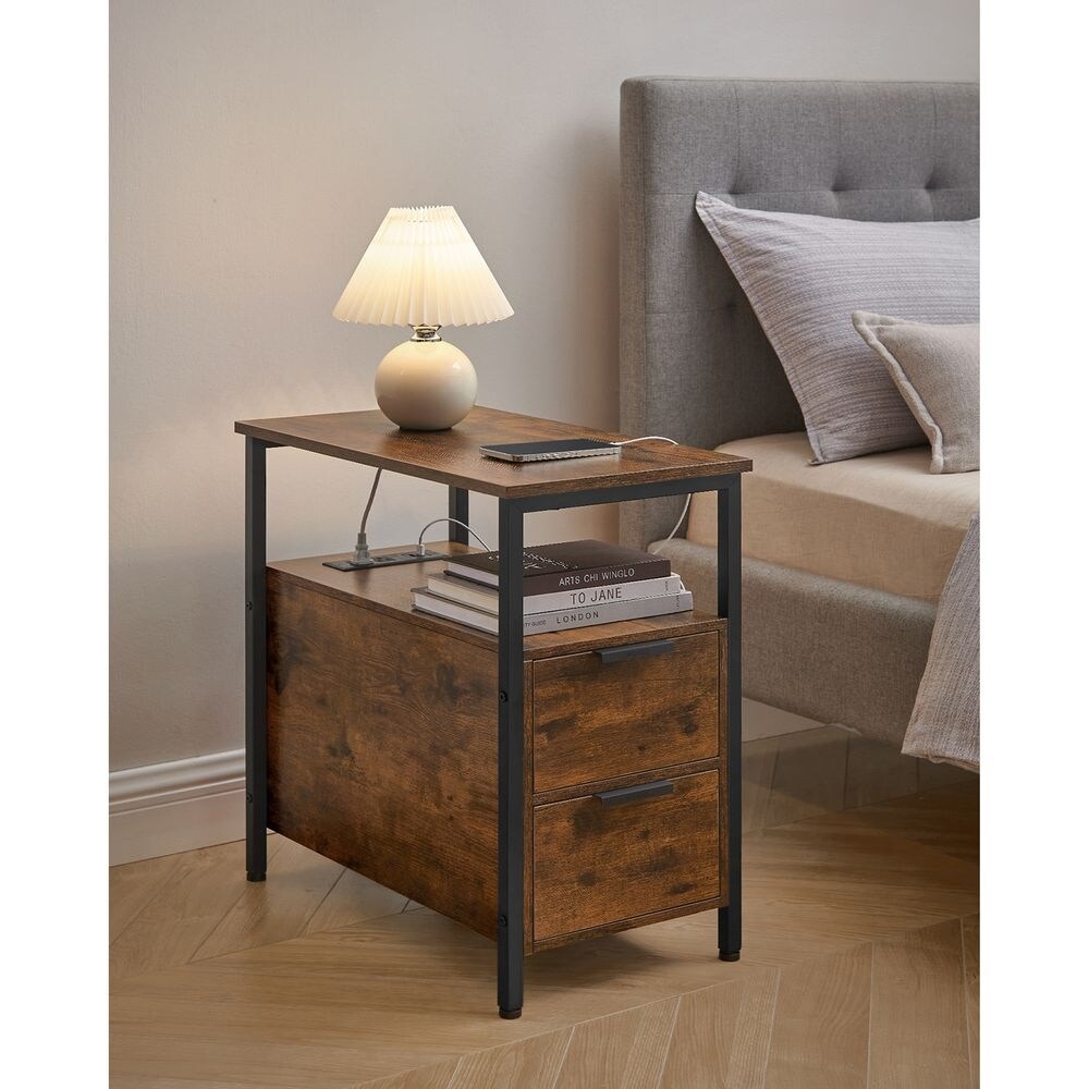 Slim Side Table Nightstand End Table with 2 Drawers and Charging Station for Small Spaces   23.6” x 13.8” x 24”