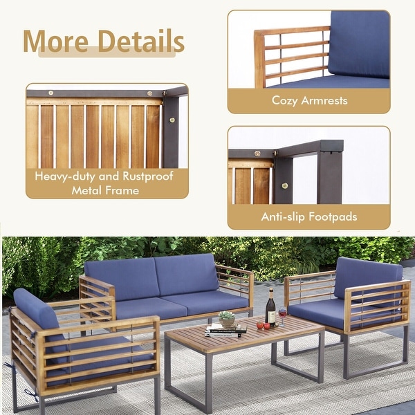 Gymax 4PCS Acacia Wood Patio Conversation Set Outdoor Furniture Set w/