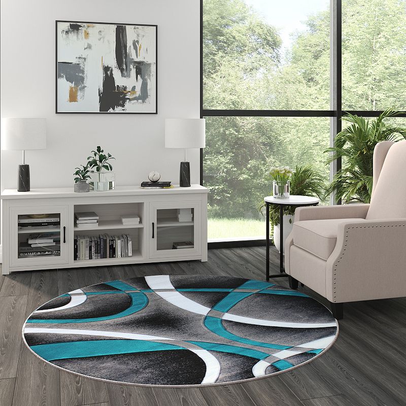 Masada Rugs Masada Rugs Sophia Collection 5'x5' Round Area Rug with Hand Carved Intersecting Arch Design in Turquoise， White， Gray and Black