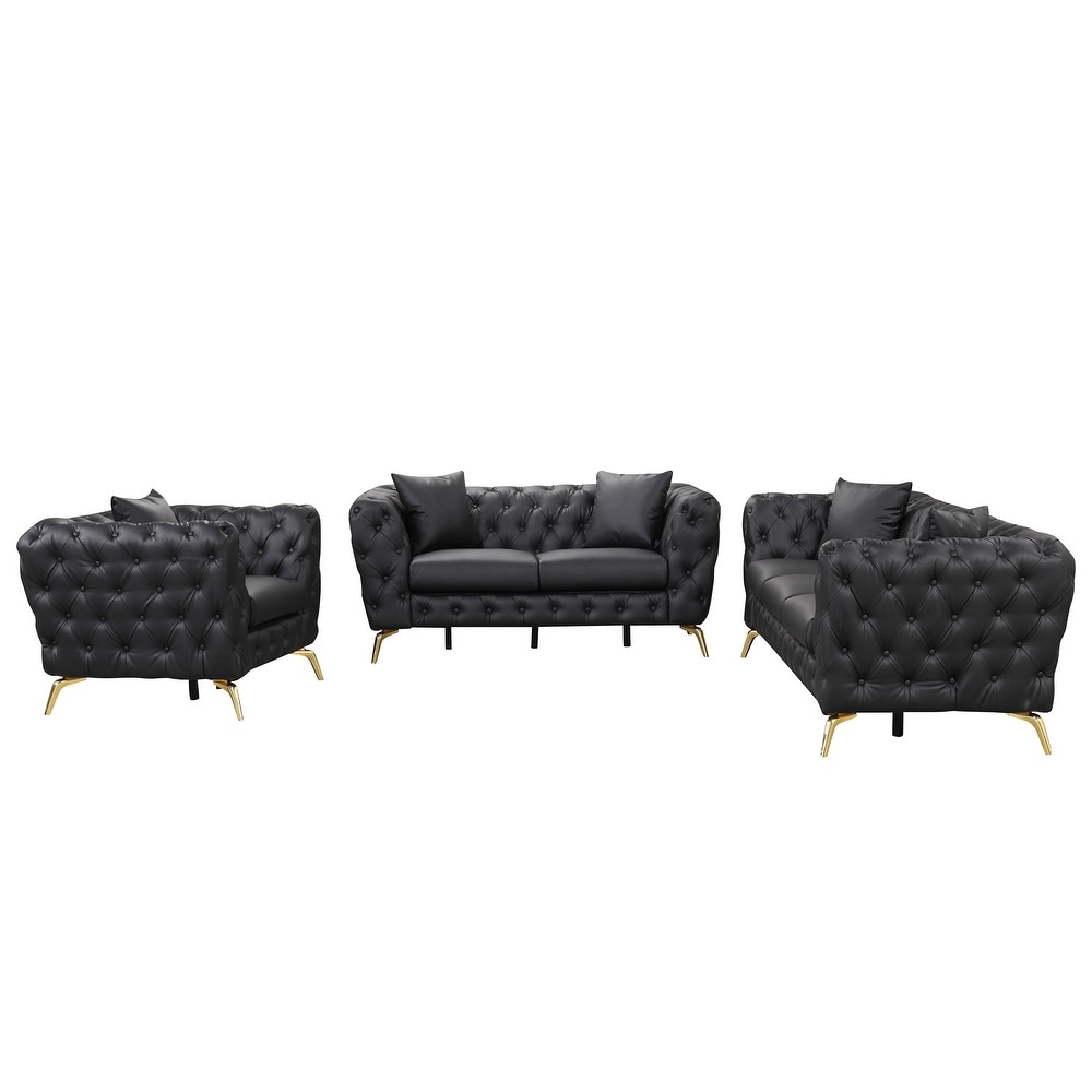 Black PU Button Tufted Upholstered Sofa Set with Pillows  3 Seater + Loveseat + Single Sofa