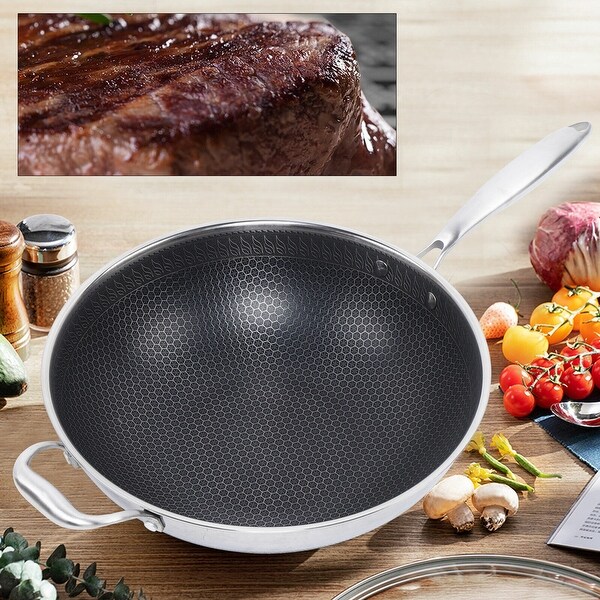 14-Inch Stainless Steel Wok Honeycomb Frying Pan With Glass Lid