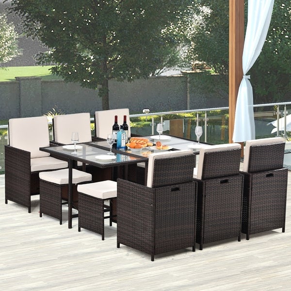 11 Piece Cushioned PE Rattan Wicker Dining Set -  - 37171041