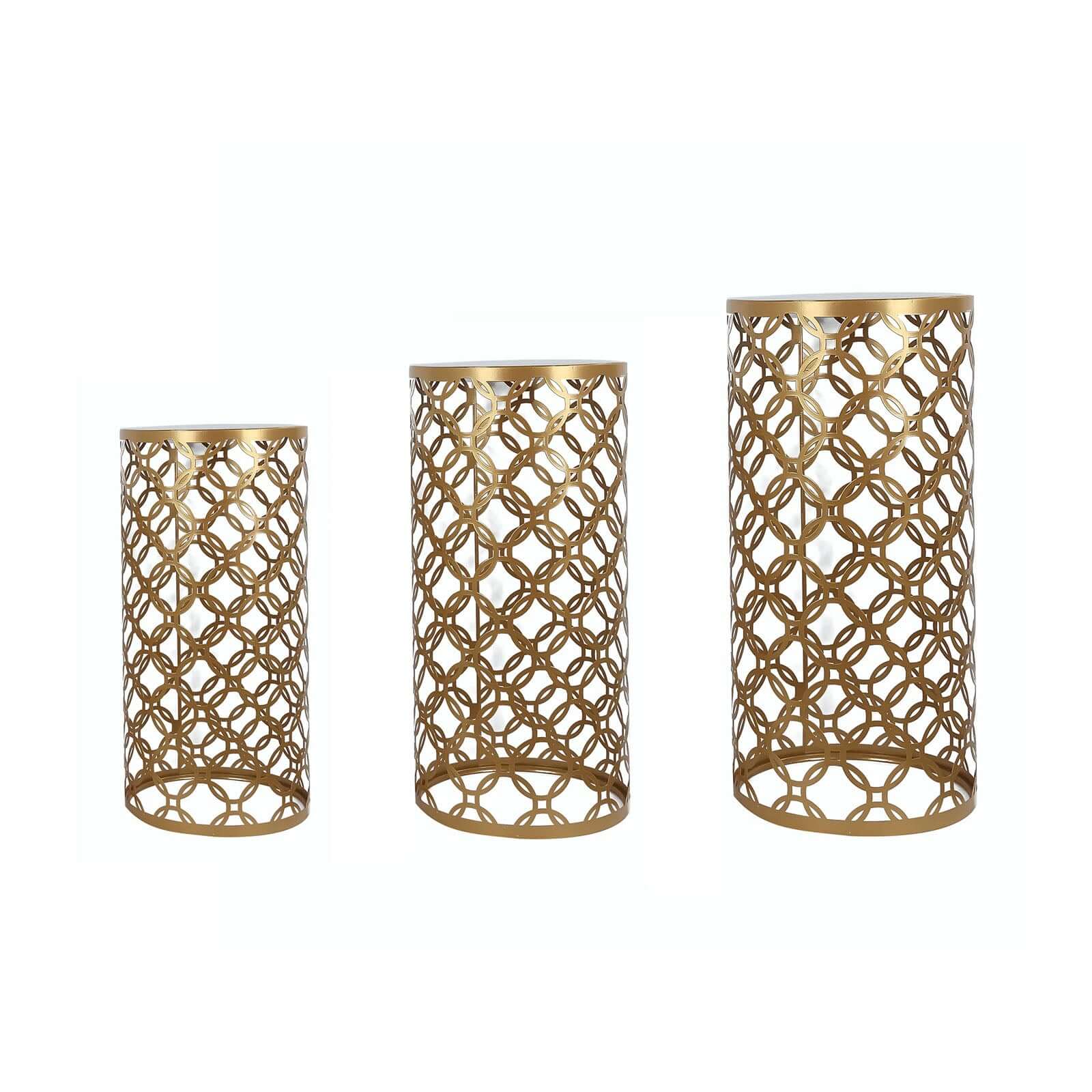 Set of 3 Gold Metal Cylinder Plinth Pedestal Stands, Round Mesh Pillar Cake Display Stand in Hollow Overlapping Circles Pattern - 22