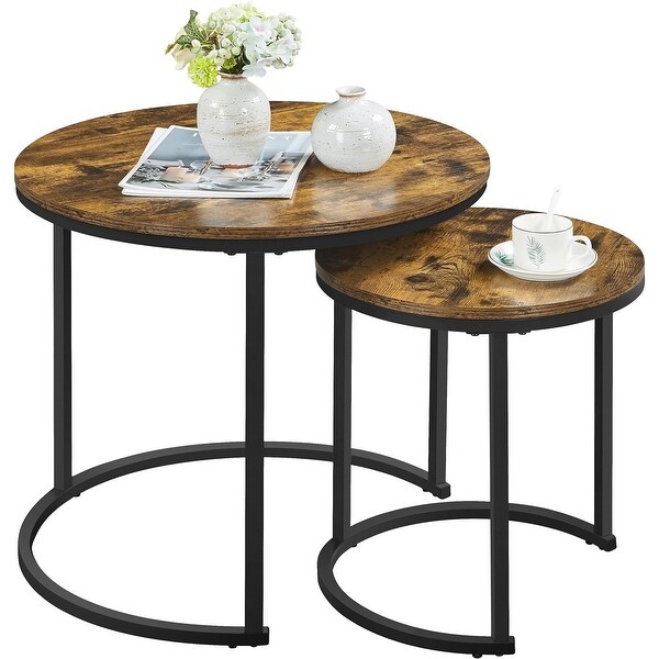 Round Nesting Coffee Table Set Wooden Top Metal Frame Set of 2