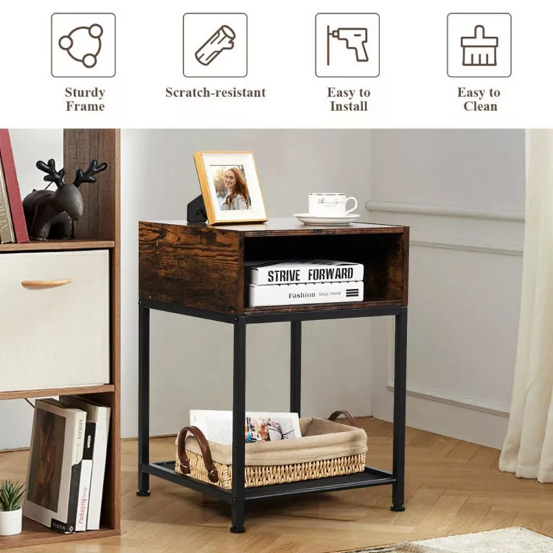 Hivago Industrial Nightstand End Side Table with Mesh Shelf