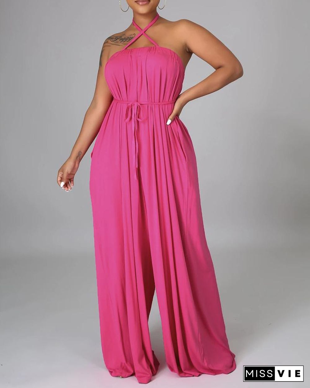 Solid Color Sleeveless Pocket Self Tie Wide Leg Jumpsuit